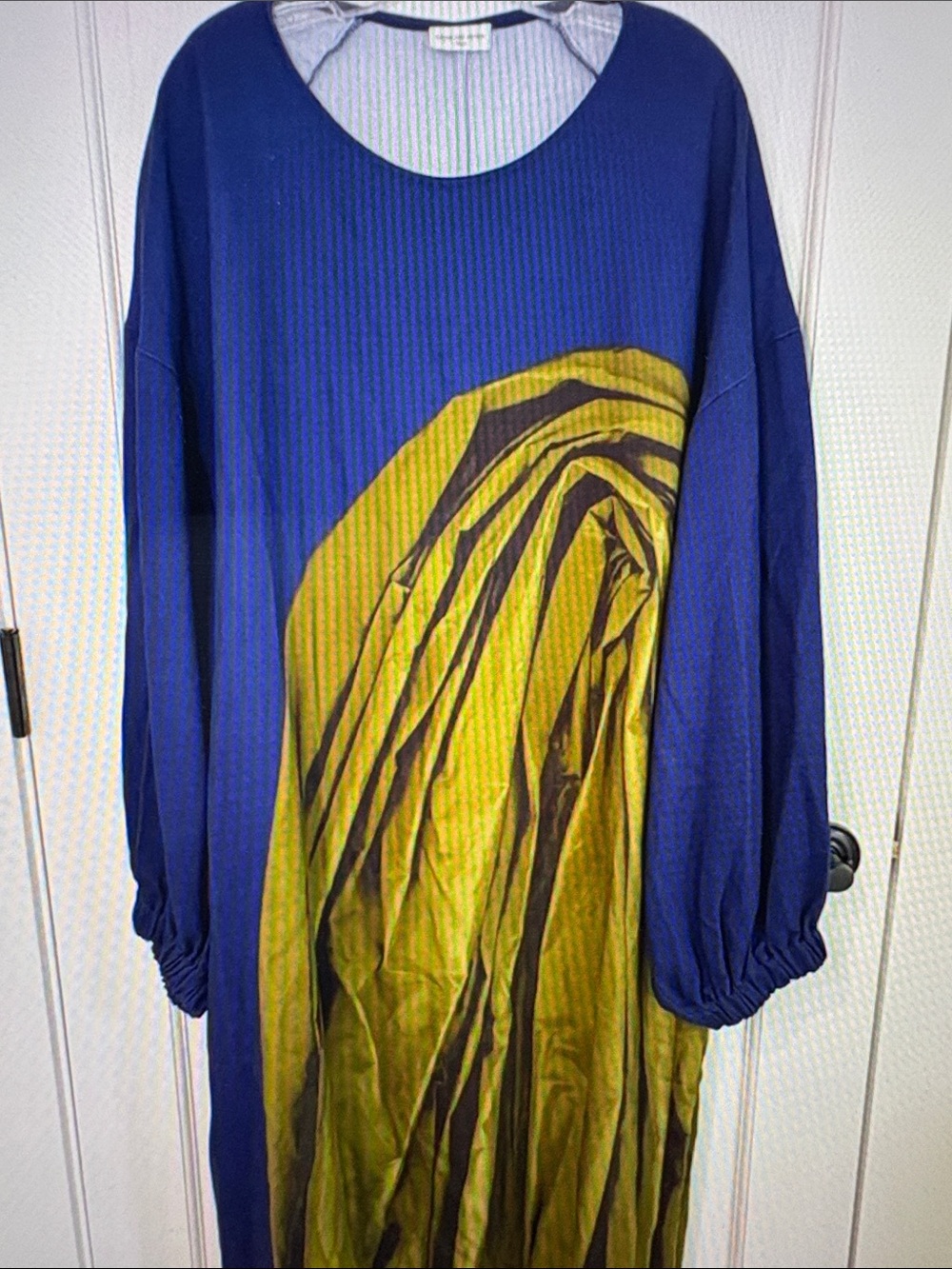 Dries Van Noten NWOT Navy Dress with Olive Artistic Print